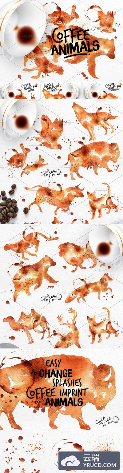 用咖啡绘制的动物效果素材 Coffee Animals Stains