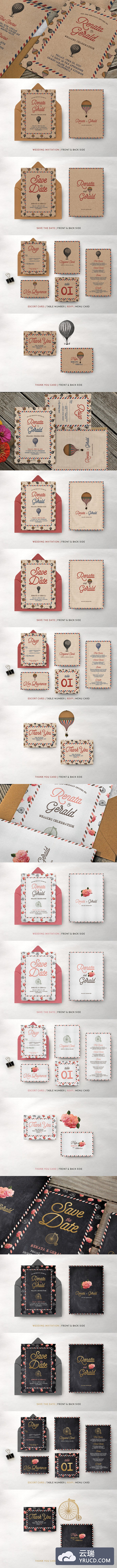 经典的旅游主题海报邀请函模板 Vintage Travel Wedding Suite