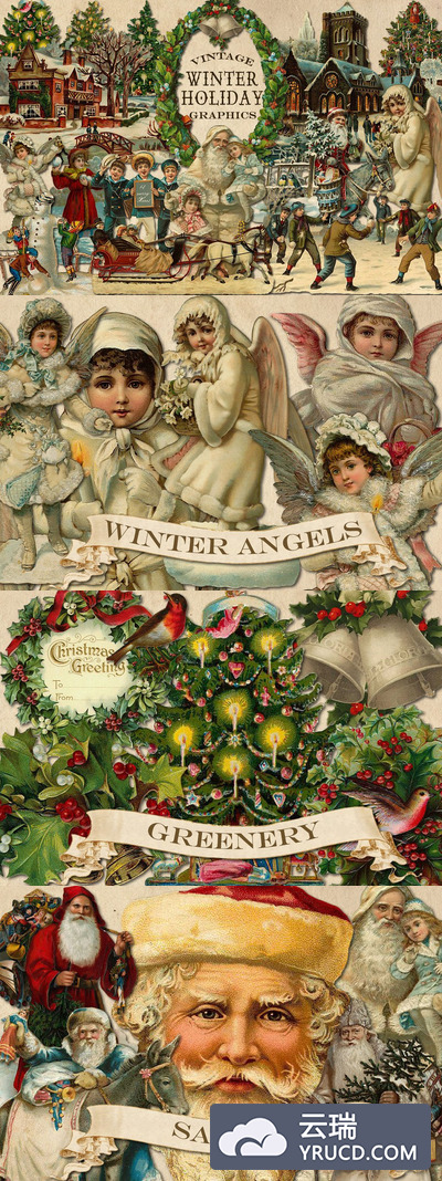 经典的冬季欧洲假日绘画素材 Vintage Winter Holiday Graphics