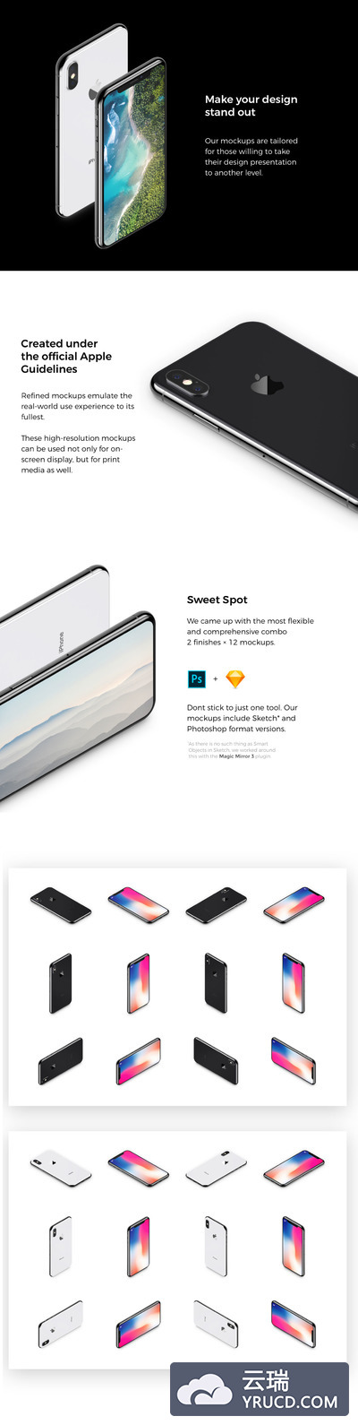 金属质感的多角度iPhone X样机模型[sketch,PSD]