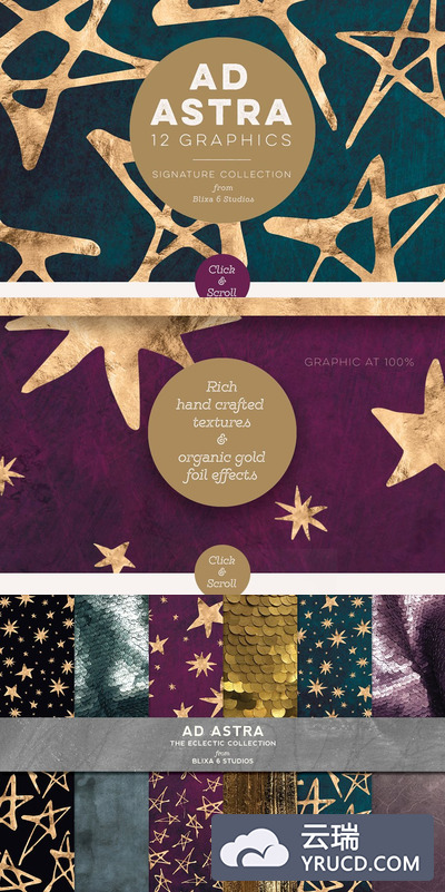 奢华感的手绘黄金色图形素材 Ad Astra: Golden Hand Drawn Stars