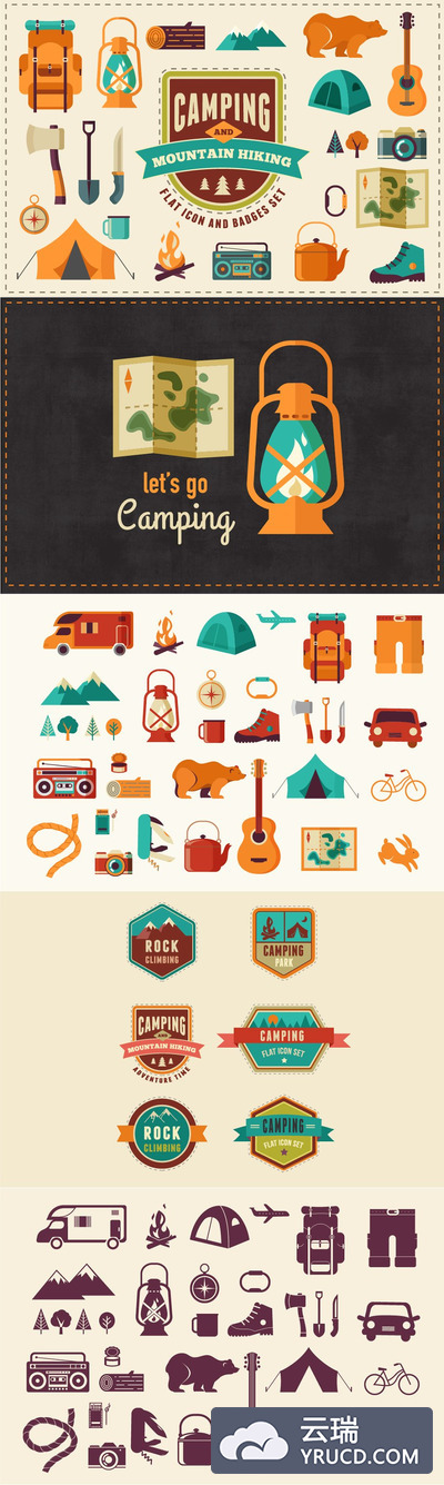 露营野营徒步素材包 Camping & Hiking flat icon set