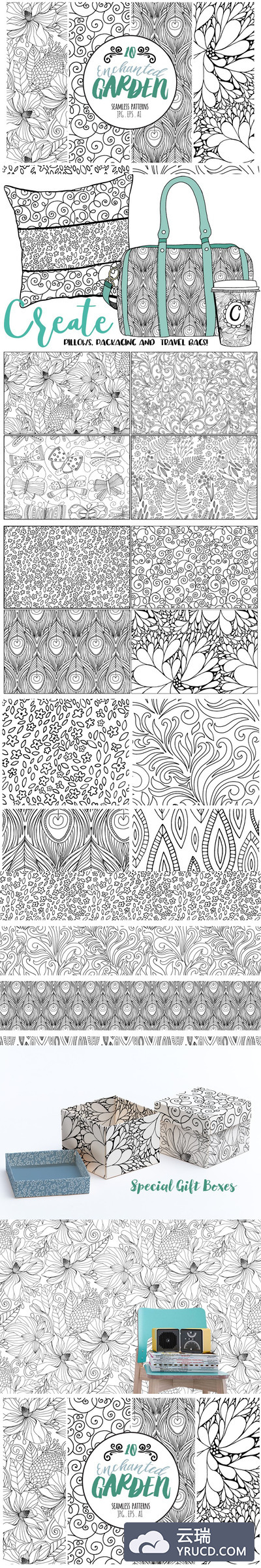 魔法花卉无缝背景纹理 Enchanted Floral Repeat Patterns