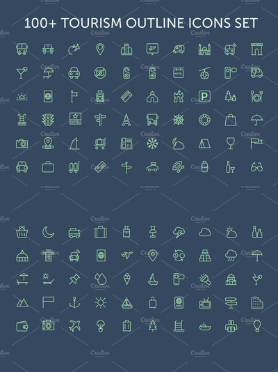 100+旅行图标 100+ Tourism Outline Icons Set