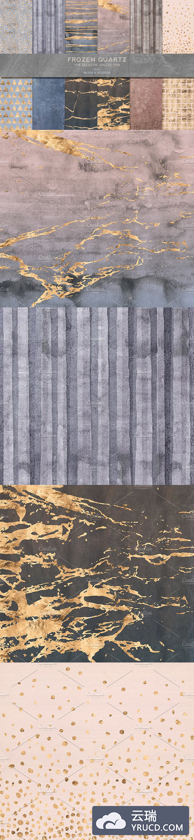 冷冻石英水彩和金箔背景纹理素材 Frozen Quartz Watercolor & Gold