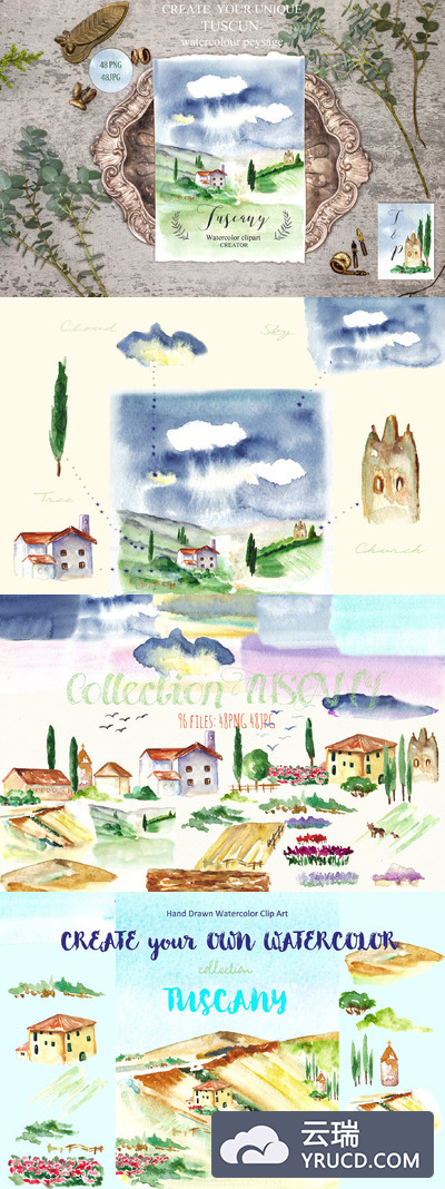 托斯卡纳水彩景观素材 Landscape Tuscany Watercolor clipart