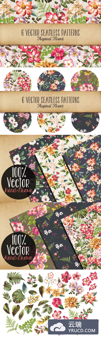 无缝热情的花卉背景纹理素材 Seamless tropical flowers Vol.3