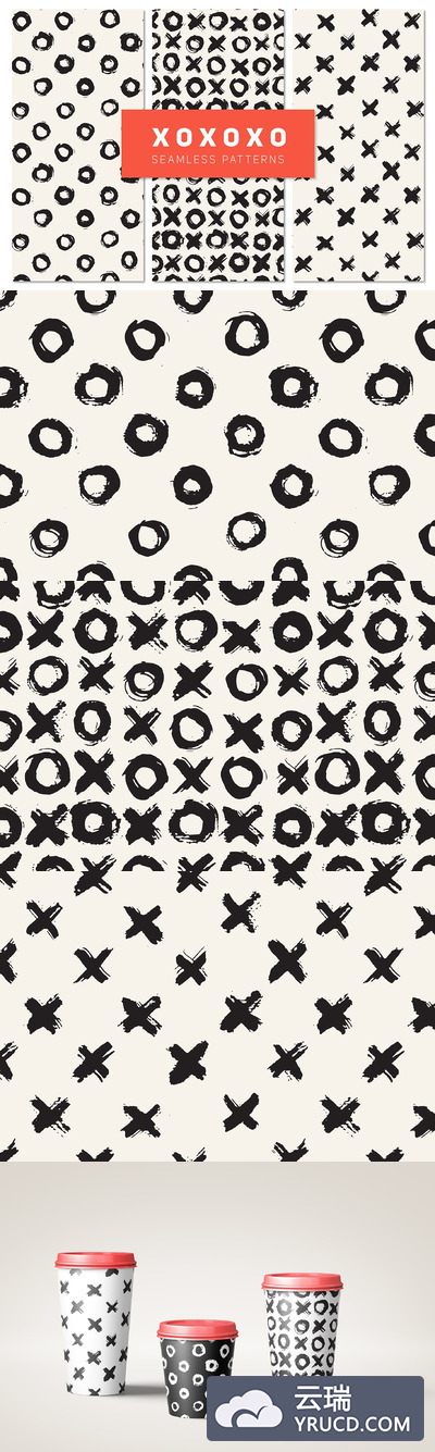 时尚的圆圈和叉叉元素的背景纹理素材 Hugs and Kisses. Seamless Patterns