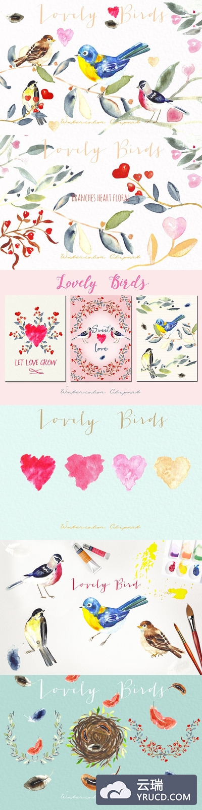 可爱的水彩彩色小鸟素材 Lovely birds.Watercolor clipart