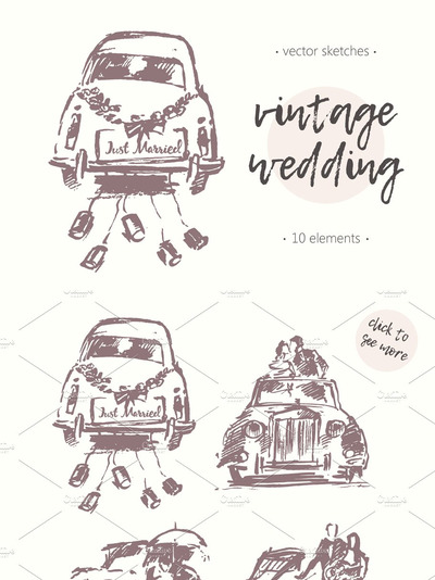 复古时尚的纹理汽车插画 Wedding old fashioned cars