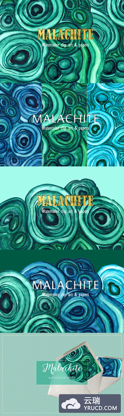 梦幻的孔雀石水彩背景纹理素材 Malachite textures watercolor