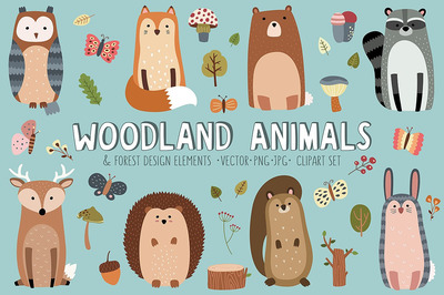 可爱的森林卡通动物设计元素 Woodland Animals & Design Elements