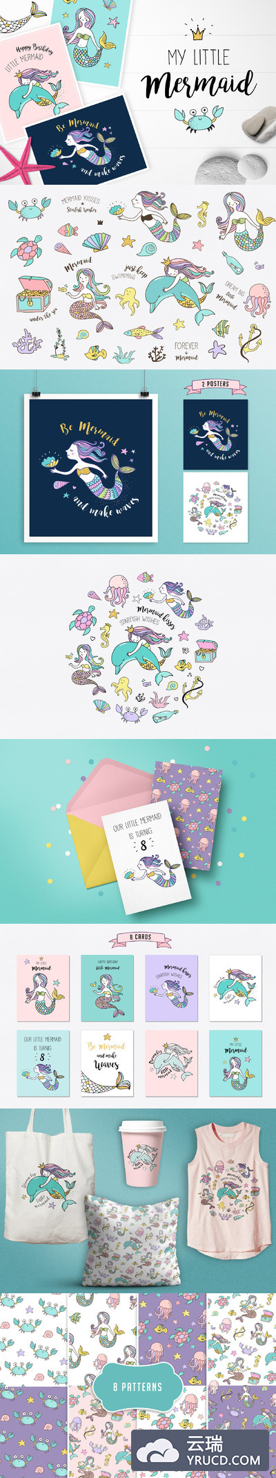 可爱的美人鱼卡通图形素材 Little Mermaid - under the sea set