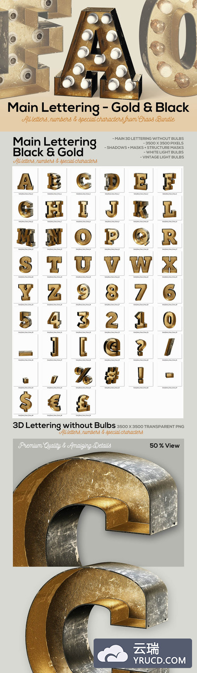 颓废工业生锈金色金属质感的跑马灯灯泡黑色3D立体字母英文数字集合part.11