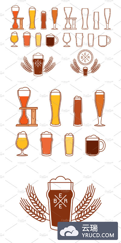 啤酒玻璃杯图标和LOGO Beer glasses, icons and logos