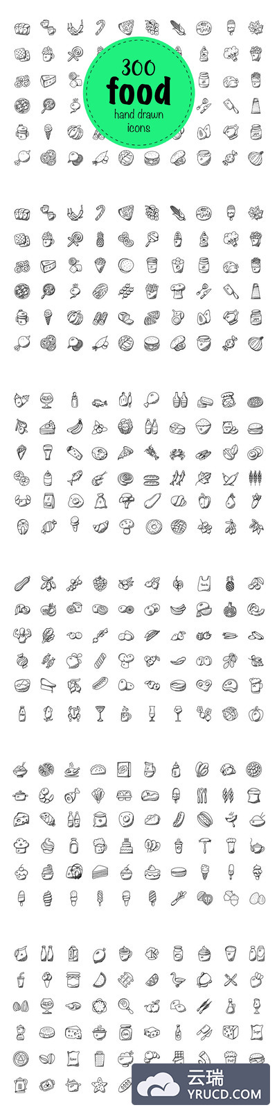 300个手绘食物图标 300 Food Hand Drawn Doodles Icons