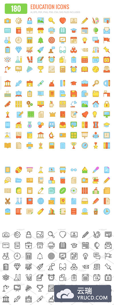 180个教育彩色图标 180 Education Colored and Line Icons