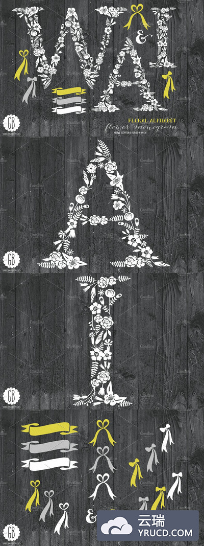 创意花卉丝带插画 Floral letters, rustic, white WAI