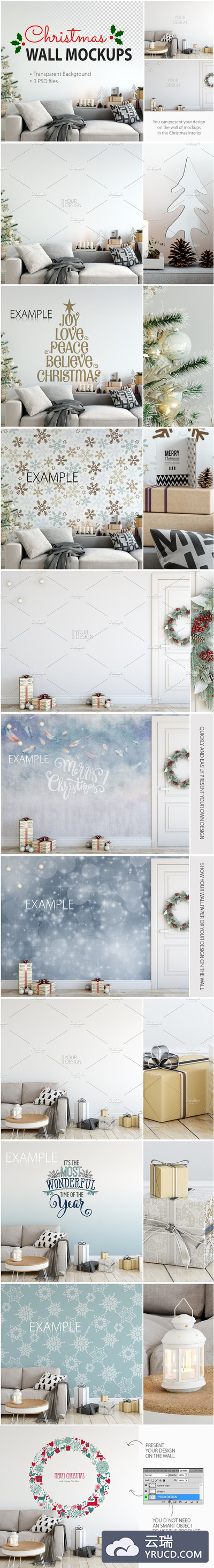 圣诞墙装饰样机 Christmas Interior Wall Mockups