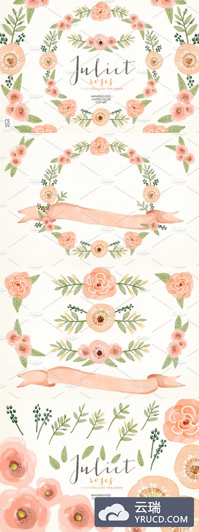 水彩花环素材 Watercolor coral olive floral wreath