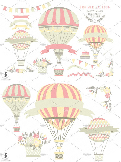 粉丝热气球卡通素材 Pink hot air balloons clip art