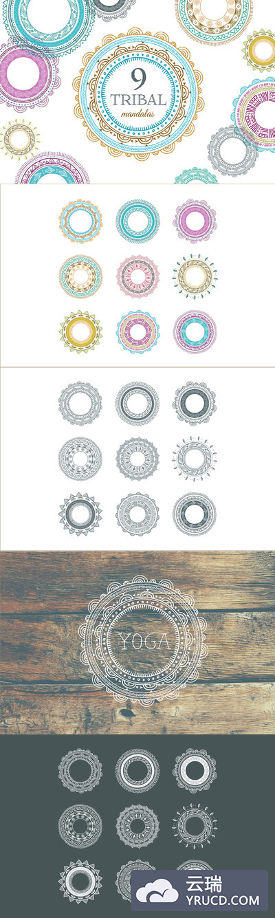 9款曼荼罗部落主题图形 9 Tribal Mandalas, Frames, Patterns