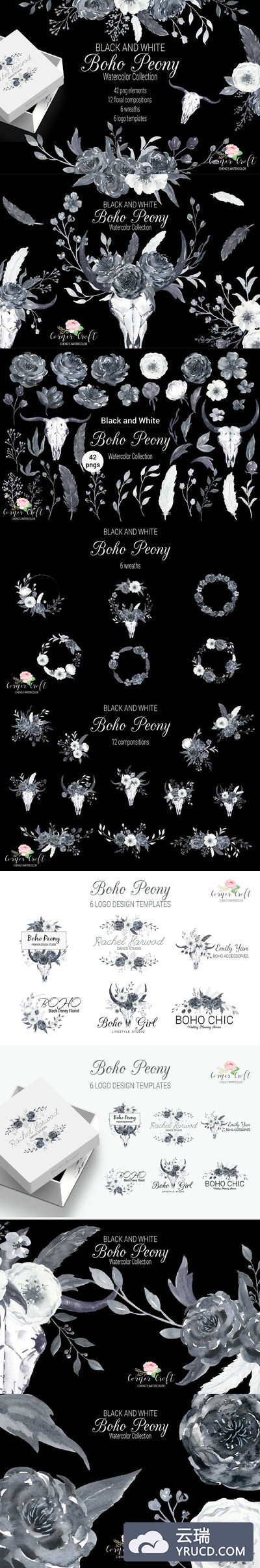 黑白牡丹花素材 Boho Peonies Black and White