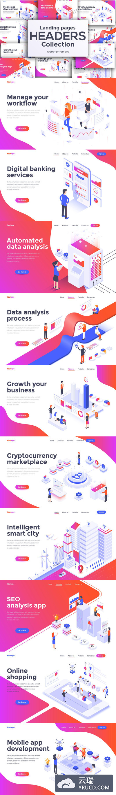 现代平面设计的等轴等距2.5D概念banner着陆页海报巨无霸设计模板