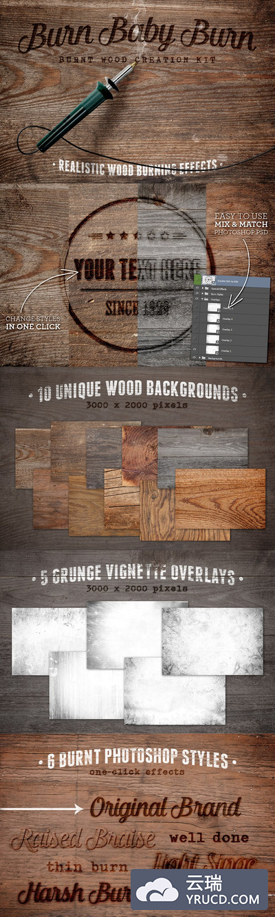 木板燃烧雕刻图层样式素材 Burn Baby Burn Woodburning FX Kit