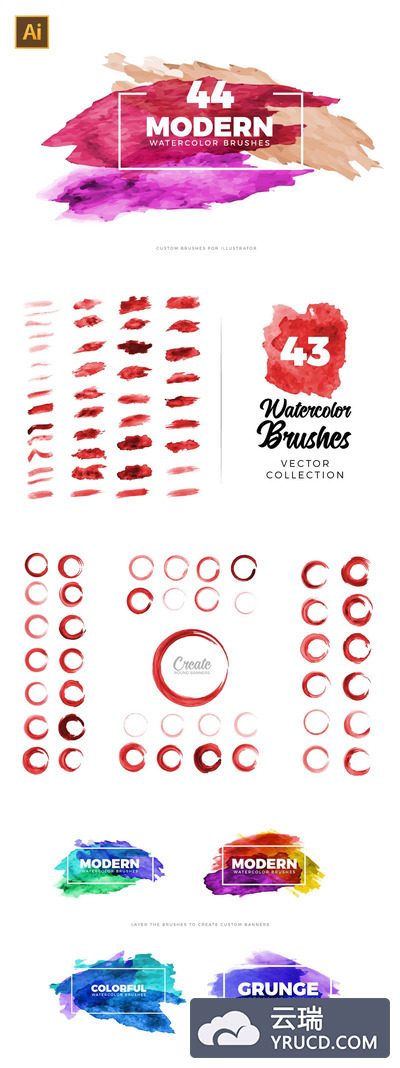 44个手绘中国风水墨水彩质感的AI笔刷集合