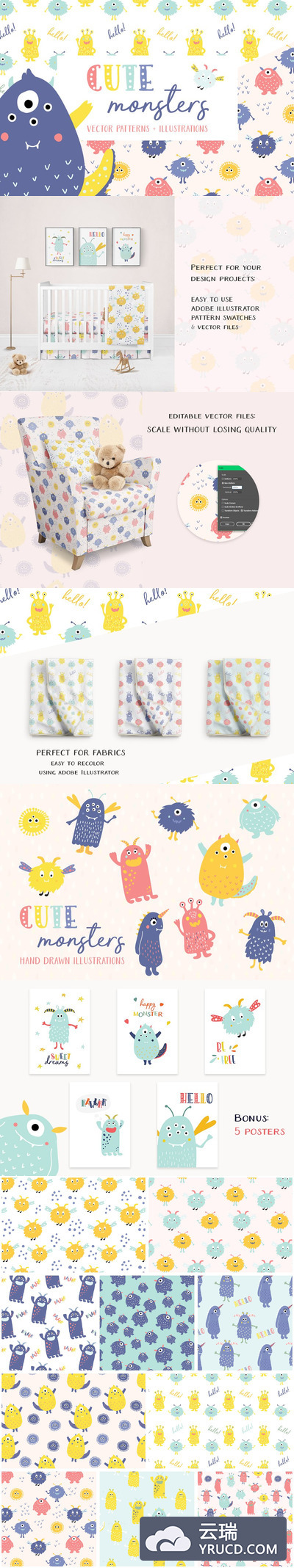 可爱的怪物图案素材 Cute Monsters Patterns