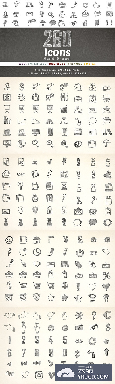 260个手绘常用图标合集 260 Hand Drawn Icons