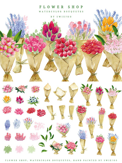 花店花卉水彩图形 Flower Shop, watercolor bouquets