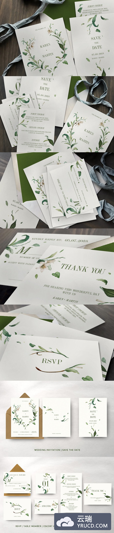 绿叶婚礼平面邀请函物料设计包 Green Foliage Wedding Suite