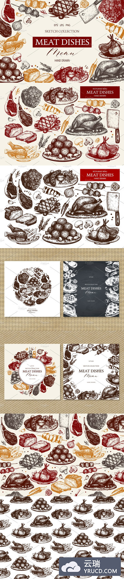 经典的食物主题绘画 Vintage Meat Dishes Design Menu