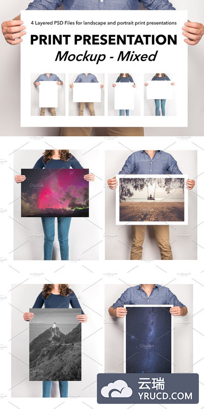手持海报设计展示模板样机 Mixed Artwork Presentation Mockup