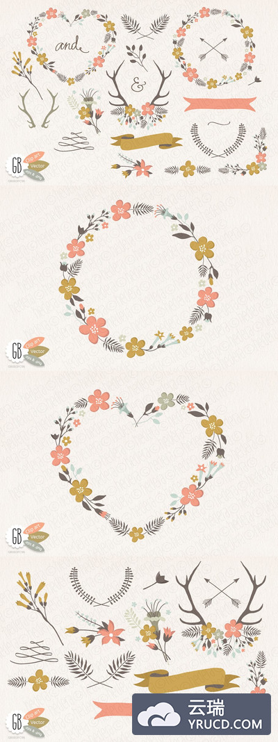 文艺温馨的素材设计 Folk flower wreaths heart cream