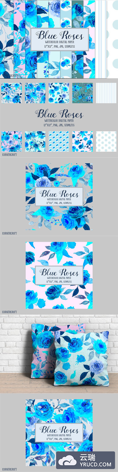 花卉背景纹理素材 Digital Paper Watercolor Blue Rose