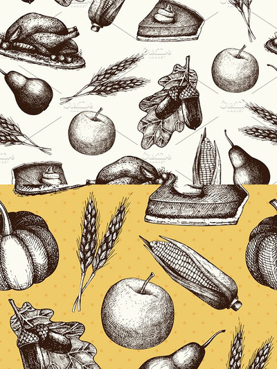 秋季食物素描系统 2 Vector Autumn Patterns