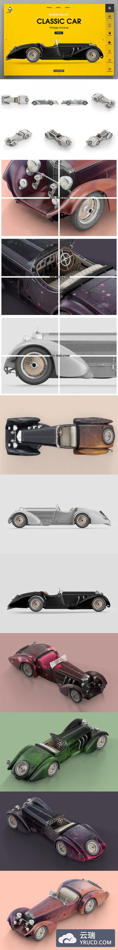 多角度3D效果的经典的老爷车车贴设计展示样机模型[PSD]