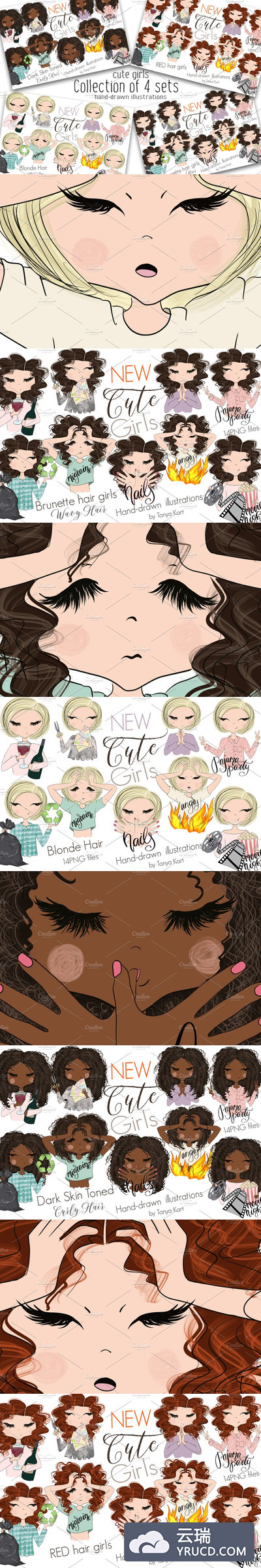 可爱的卡通女孩图形素材 Collection of 4 Sets Girls