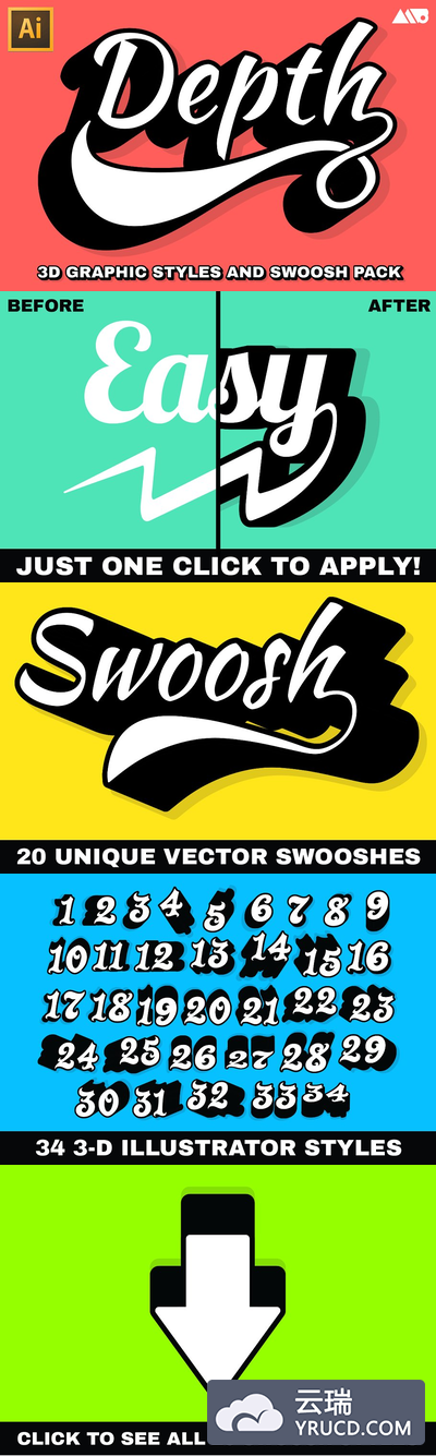 3D字体图层样式 Depth - 3D Extrude and Swoosh Kit