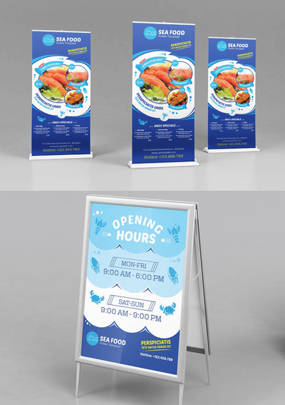 时尚多用途的海鲜X展架易拉宝设计模板