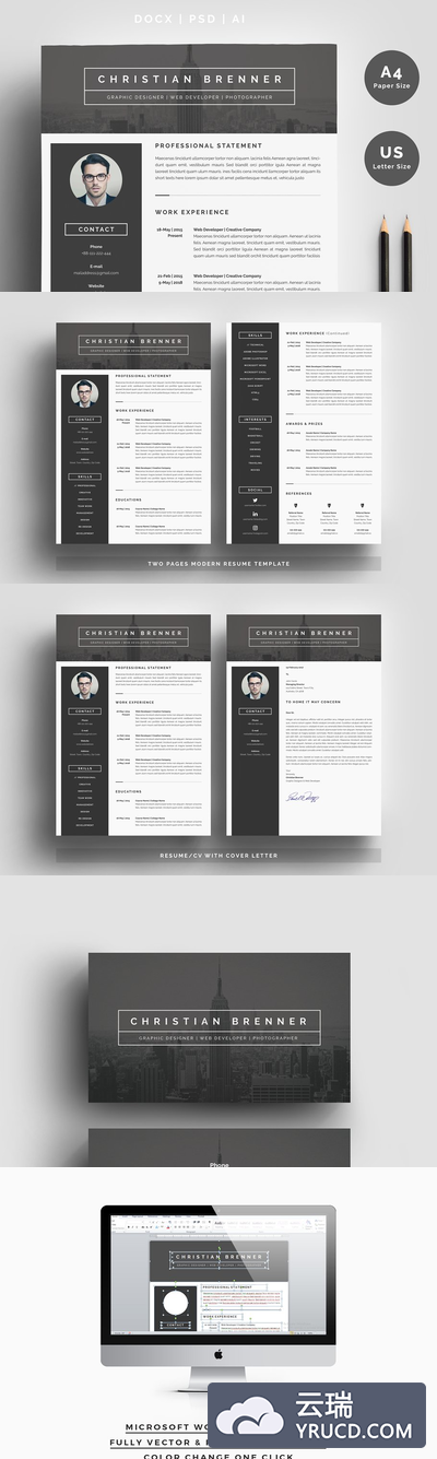 现代风格的简历模板 Modern Resume Template 3 Pages