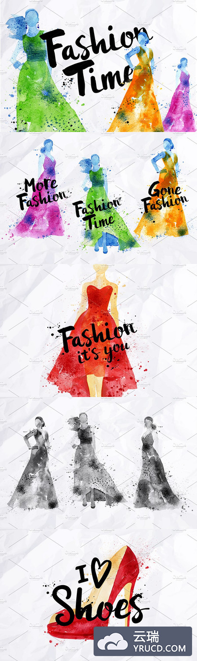 时尚水彩服装设计味道的元素素材 Watercolor Poster Fashion
