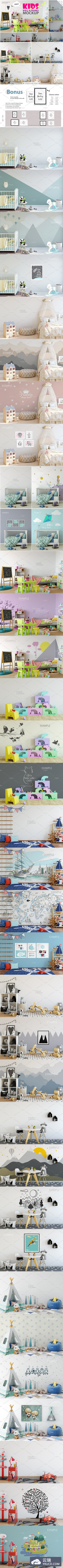 小孩房价设计样机和素材包 Kids Interior Wall & Frames Mockup 1