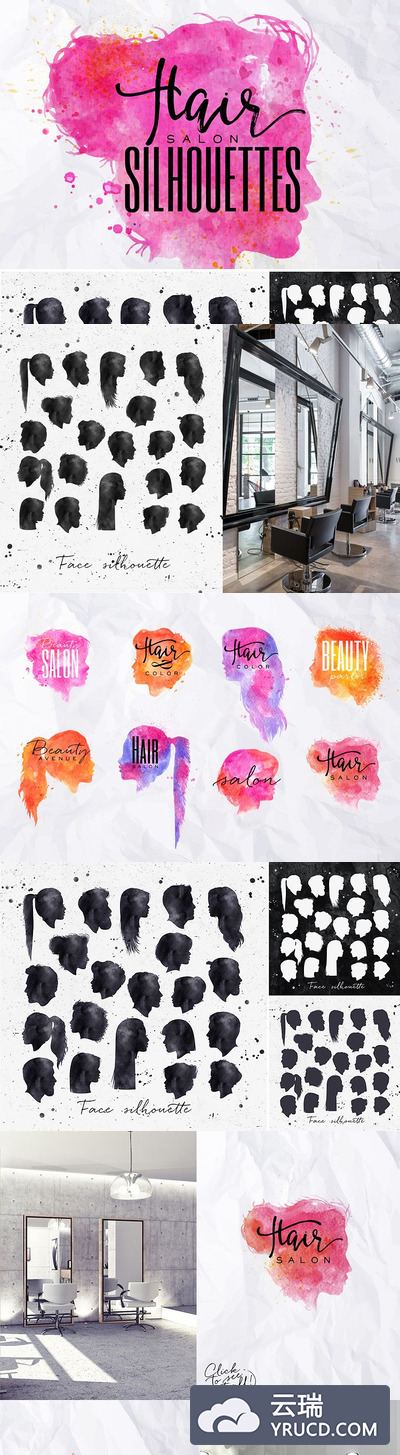 发型发廊沙龙水彩涂鸦素材 Hair Salon Silhouettes
