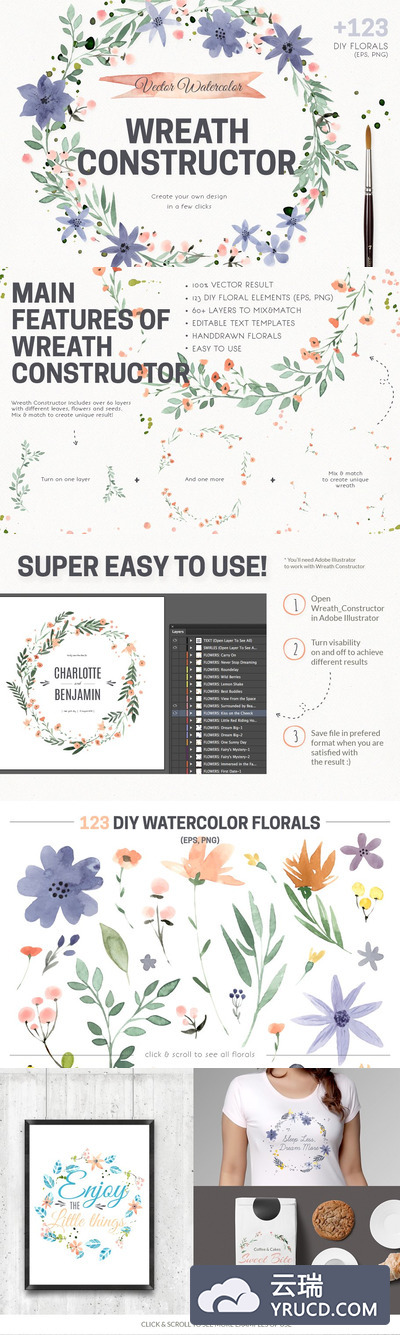 水彩矢量花圈素材 Watercolor Vector Wreath Constructor