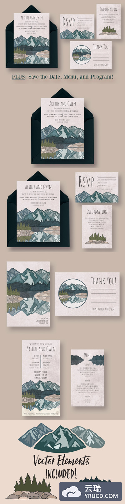 和镜子一样的湖水图形婚礼邀请函模板 Mirror Lake Wedding Suite