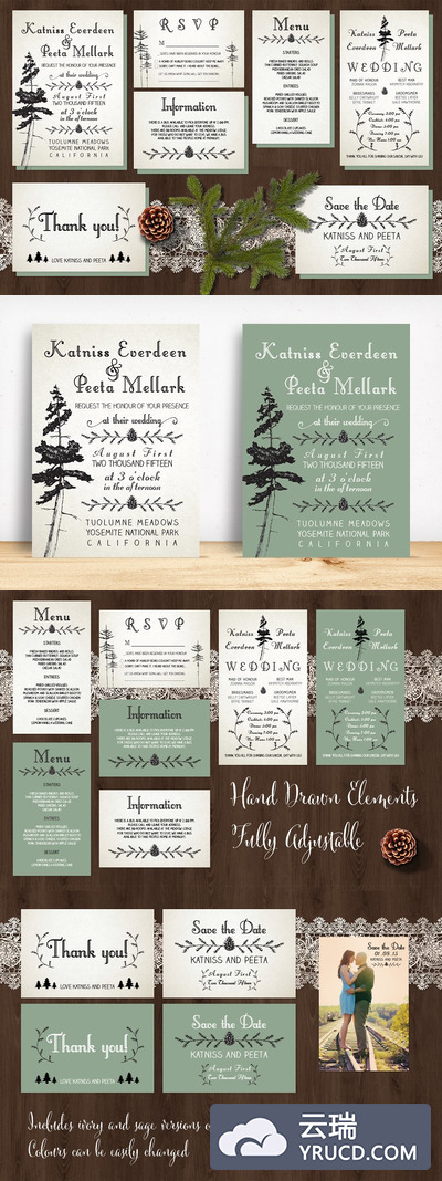 松树婚礼邀请函模板 Pine Tree Wedding Invitation Suite